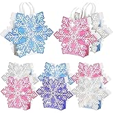 X-Kingsun 24Pcs Winter Snowflake Gift Bags Glitter Paper Candy Bags Holographic Treat Goodie Bags with Handle for Winter Holiday Christmas Princess Birthday Party Supplies,4 Styles