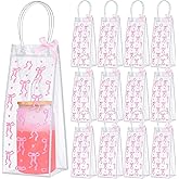 Sweetude 12 Pcs Pink Bow PVC Clear Gift Bag with Handle Ribbon Bowknot for 12oz 16oz 20oz Drinking Glasses Jars Tumbler Treat Gift Bag Reusable Bowtie Coquette Aesthetic Wedding Birthday Favor
