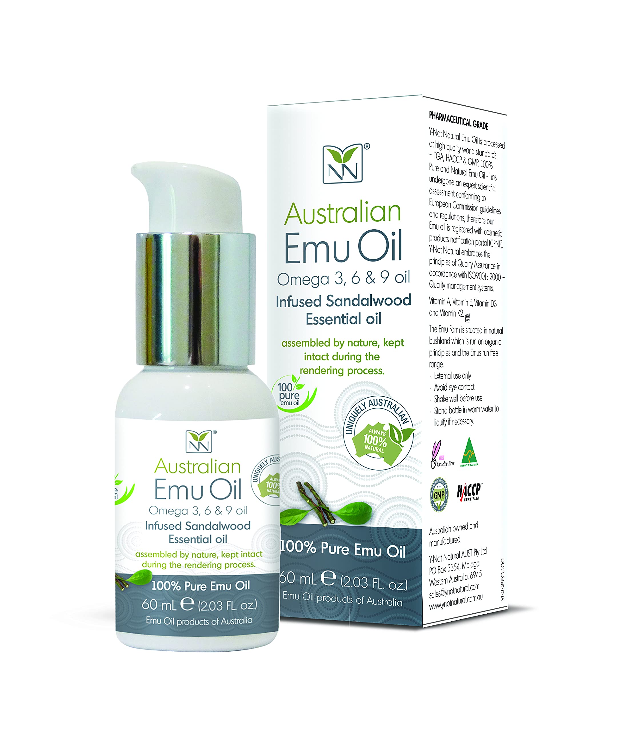 Y Not Natural Pure Emu Oil Infused w/Sandalwood - Face Moisturizer, Body Oil & Hair Growth Oil - Organic with Vitamin E, Omega 3-6-9 - Face Oil, Scalp Oil & Cuticle Oil - Australian Emu Oil (60ml)
