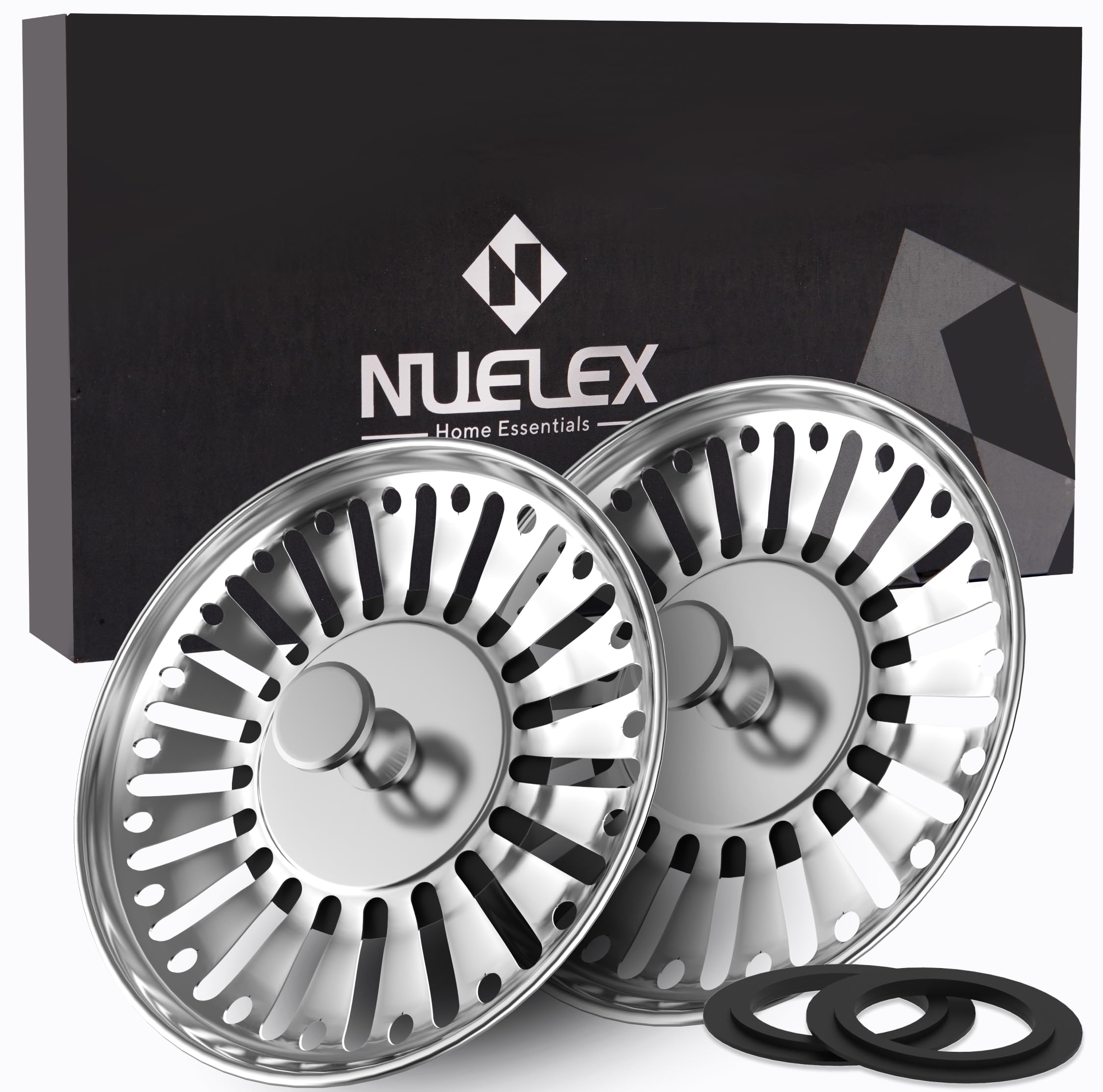 NUELEX 2Pcs Kitchen Sink Plug Strainer, 84mm Diameter Kitchen Sink Strainer with 2 Bonus Multi-Size Silicone Seals 304 Stainless Steel Leak-Proof Drainer Plug, 22 Holes & Smooth Shape, JT-SP506-NX