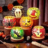 Mumufy 6 Pcs Halloween Tealight Holders Jack-o-Lantern Candle Holders | Handmade Mosaic Glass Votive with Skull Pumpkin Bat Spider Witch Ghost, Halloween Home Decor for Mantel, Table Centerpiece