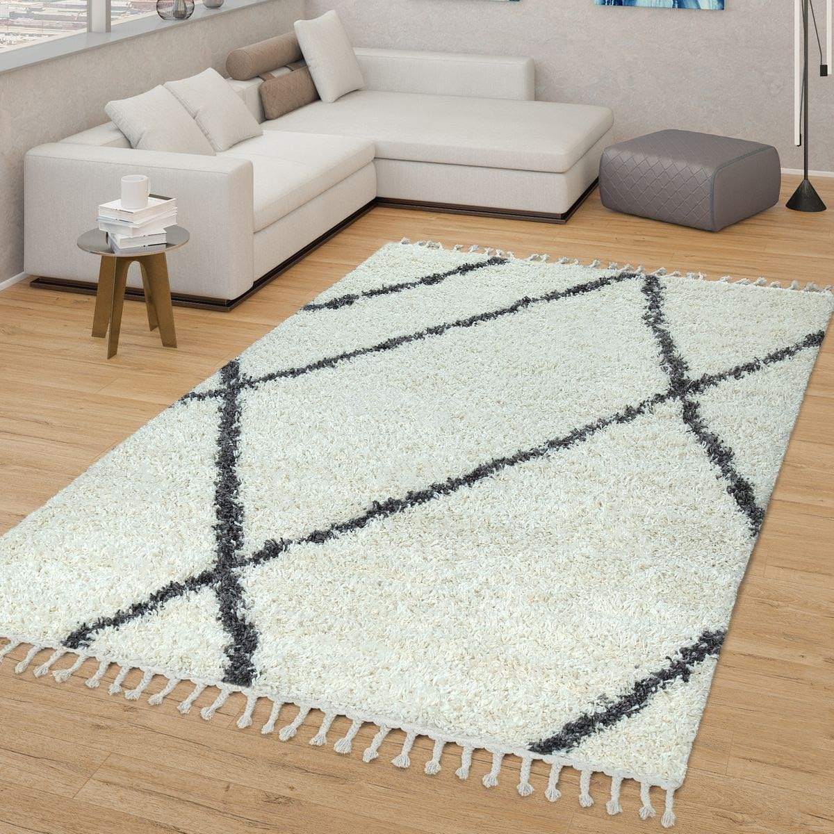 TT Home Skandi Alfombra beige salón pelo largo rombos patrón