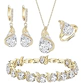 EVER FAITH Wedding Jewelry Set for Bride Bridesmaid, Glamour Teardrop Cubic Zirconia Pendant Necklace Earrings Tennis Bracelet Open Ring Sets for Birthday/Valentine's Day/Mother's Day/Christmas