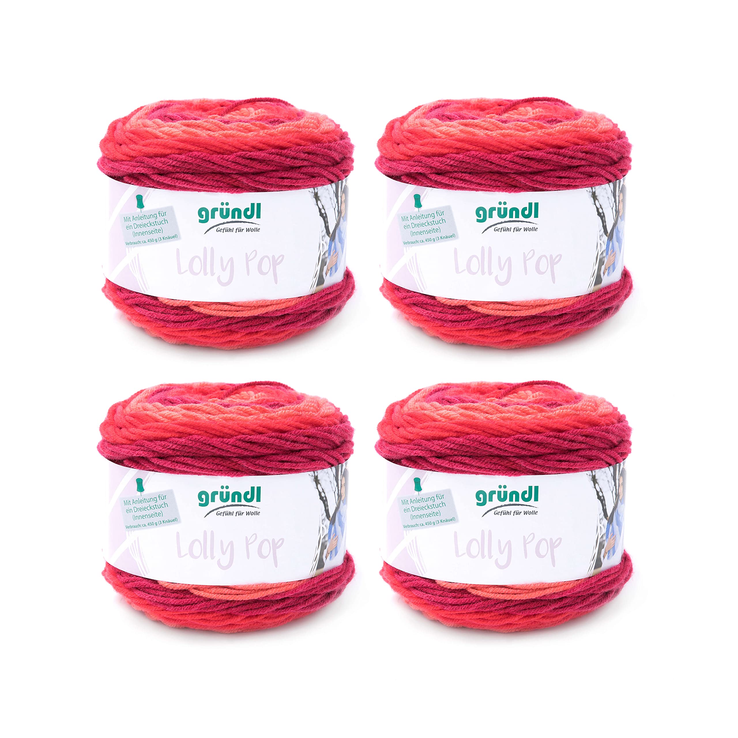Gründl Lolly Pop Crochet and Knitting Yarn (Wool-like and Washable Universal Yarn 100% Polyacrylic, 150g/240m, Needle Size: 5-6, 4 x 150g), Wild Cherry Swirl, 24 x 24 x 10cm