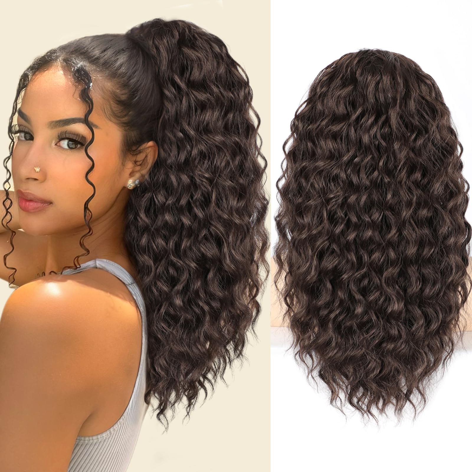 Photo 1 of SHNMIN Ponytail Extension, Curly Drawstring Ponytail Extension for Women 18 Inch Curly Wavy Ponytail Yaki Textured Natural Fluffy Synthetic Hairpiece for Daily Use