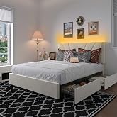 Novilla King Size Bed Frame with Drawers/Charging Station/LED Light, White | 3-Height Adjustable Upholstered Headboard, Wooden Slats Support, Noise-Free, No Box Spring Needed