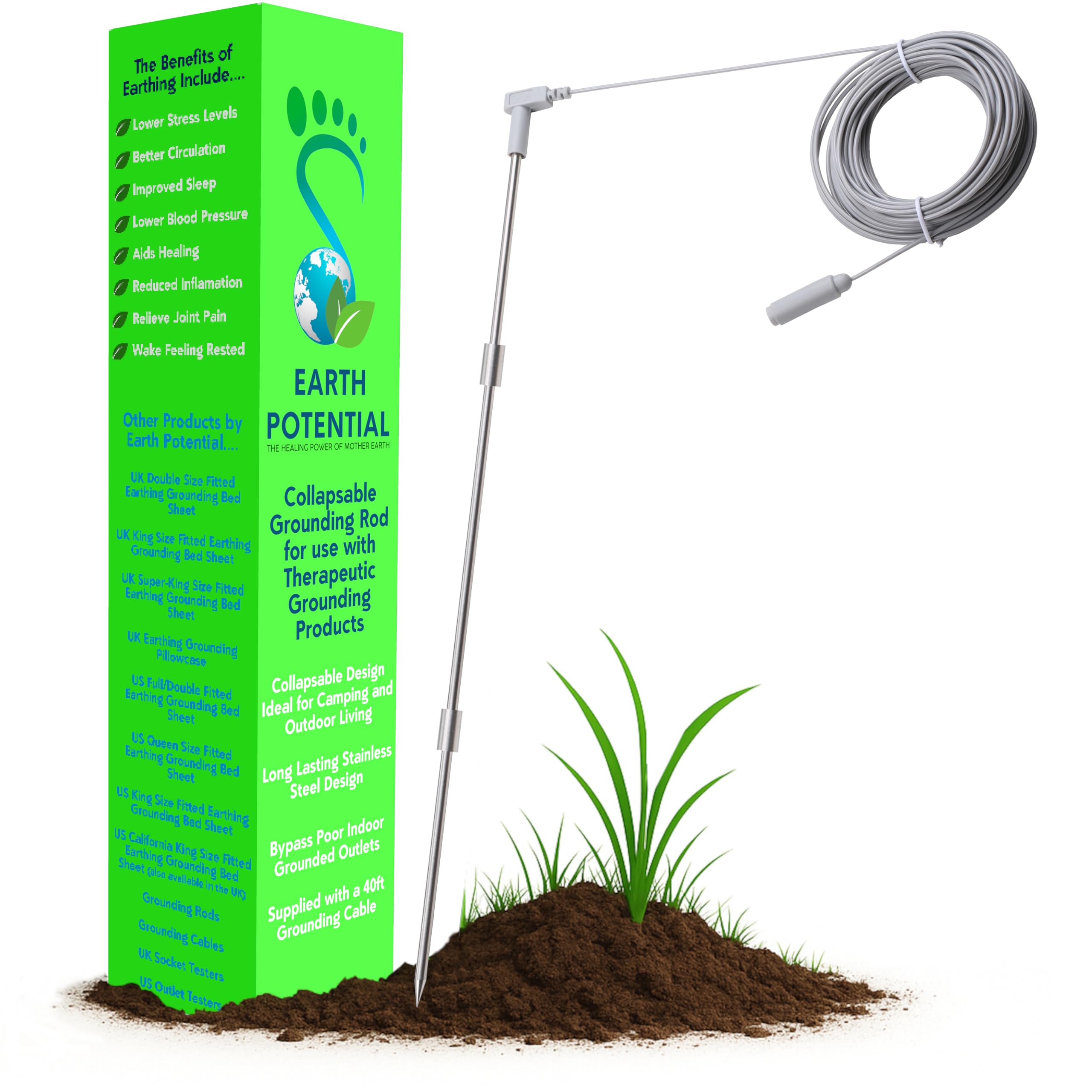 Collapsable Grounding Rod, 20 inches (50cm) long when fully assembled with 40ft Cable for all Earth Connected Products such as Grounding Sheets and Mats, Wrist Bands and Grounding Pillowcases