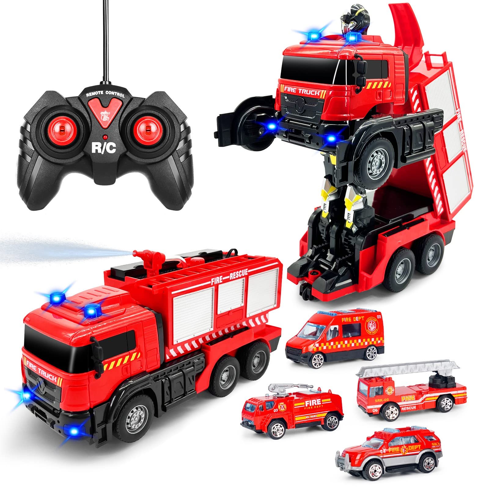 Photo 1 of Remote Control Fire Truck With Led Sounds,RC Fire Truck Car Toy With 3pcs Small Firetrucks 10pcs Roadblock Models, One Button Press Spraying Water Transformer Fire Truck Toys For Kids Toddlers Boys