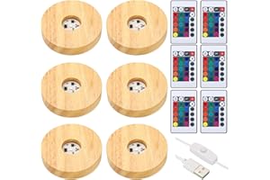 PATIKIL 6 Pcs Wooden Round LED Display Stand Base 3.9" with 16 Colors, Remote Control, USB Power, for Acrylic Night Light, Cr