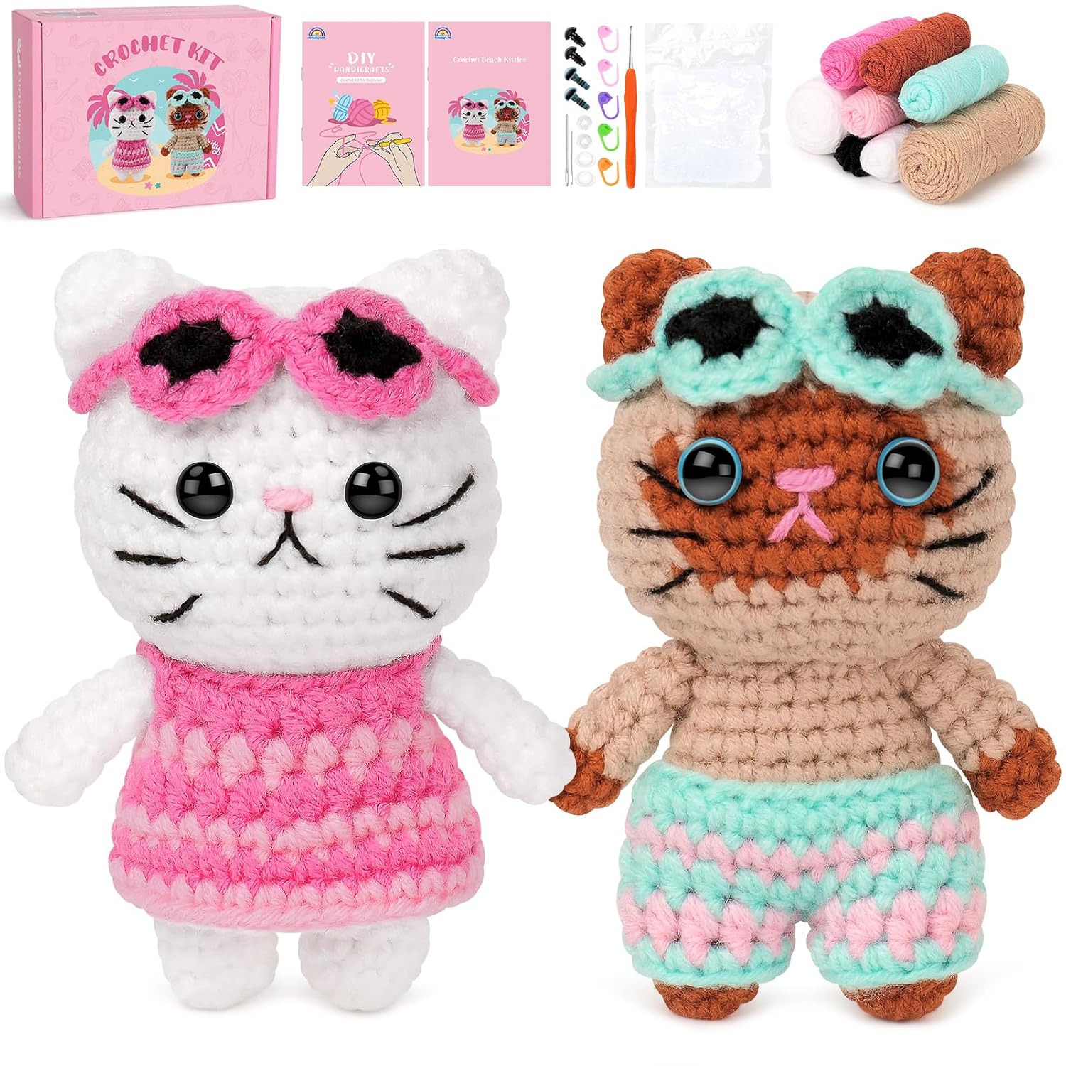 Fortuning's JDS Crochet Kit for Beginners, Couple Cat Crochet Kit for Beginners Adults Kids, Crochet Cat Kit with Step-by-Ste