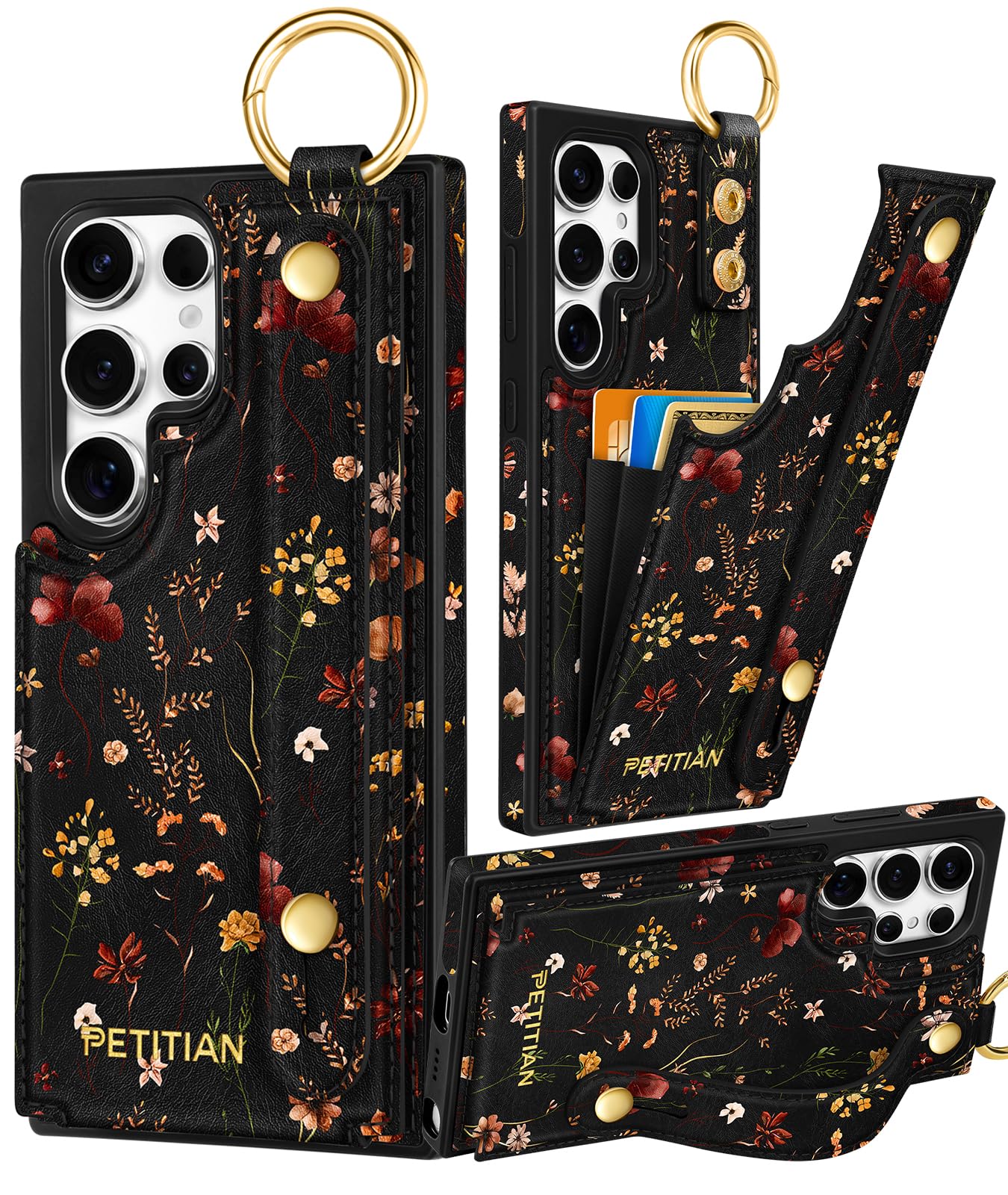 Photo 1 of Petitian for Samsung Galaxy S25 Ultra Case with Wallet - Women Girls Cute Girly Aesthetic Unique Design Leather Credit Card Holder Cardholder Stand Wristband for S25 Ultra, Grow Flower
