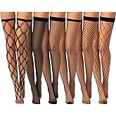 Janmercy 6 Pairs Women Fishnet Thigh High Stocking Elastic Band Top Sheer over Knee Silky Stockings for Women