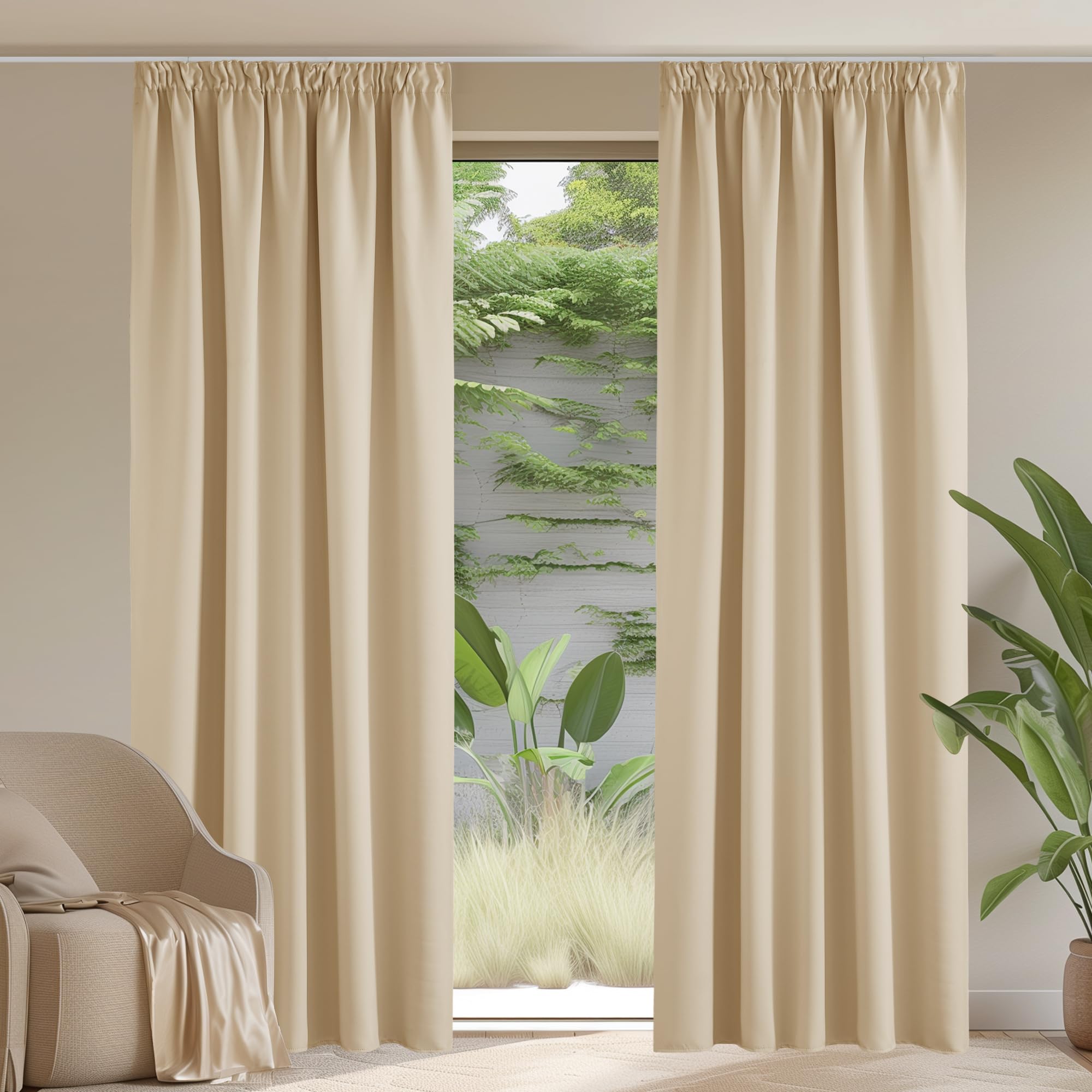 PONY DANCE Pencil Pleat Door Curtain Blackout - 2 Panels Thermal Insulated Curtains for Living Room Privacy Screen Heat Cold Blocking, 66 inch Width x 84 inch Drop, Biscotti Beige