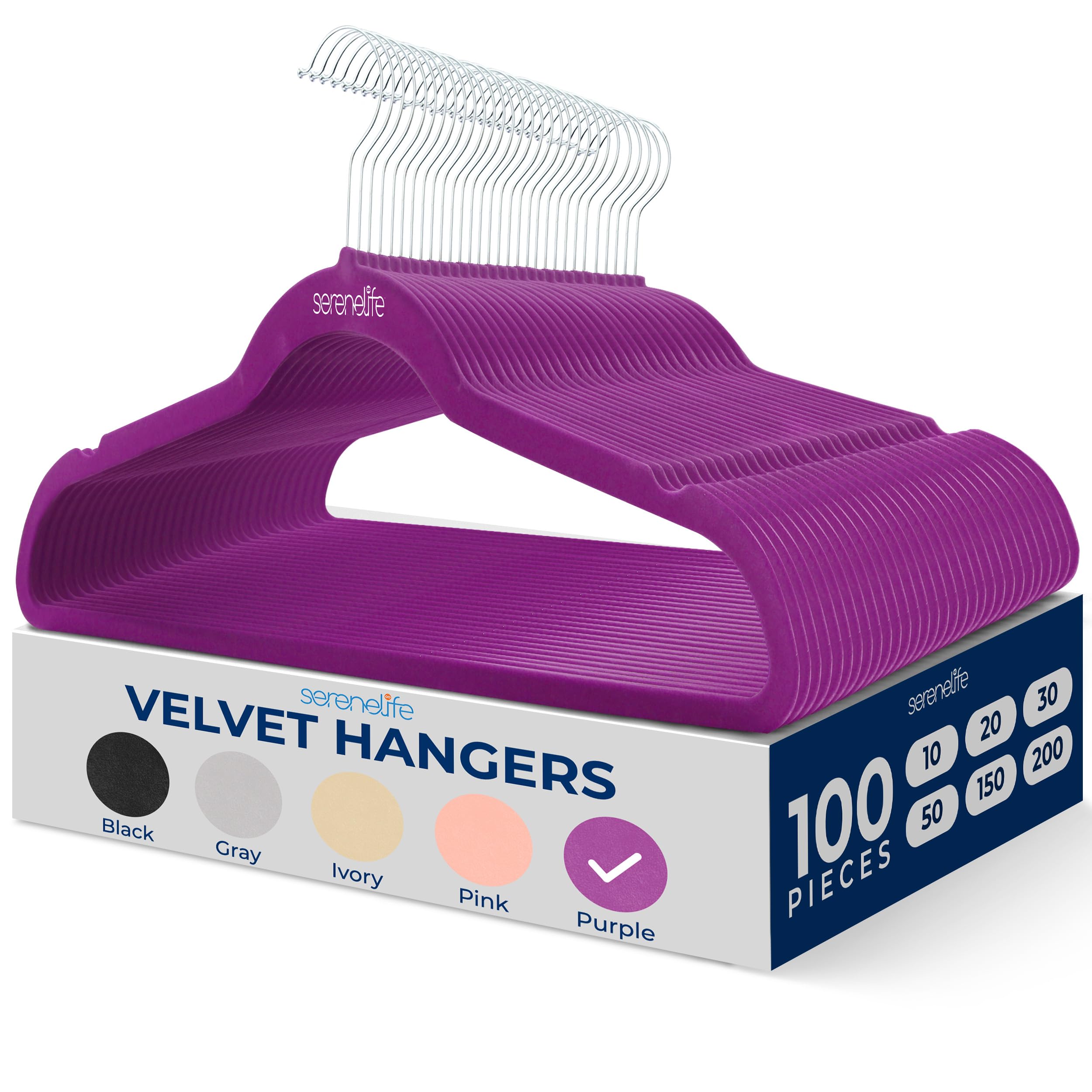 SereneLife 100 Pack Velvet Hangers - Non-Slip Felt with 360° Swivel Hook, Space-Saving, Ultra-Thin, Lightweight for Shirts, Sweaters, Hoodies, Kids Clothes & Dresses Image