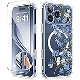 GVIEWIN for iPhone 17 Pro Max Case Compatible with MagSafe, with Screen Protector Upgraded [Full Camera Protection] [Non Yellowing] Floral Slim Shockproof Clear Women Phone Cover (Aconite/Blue)