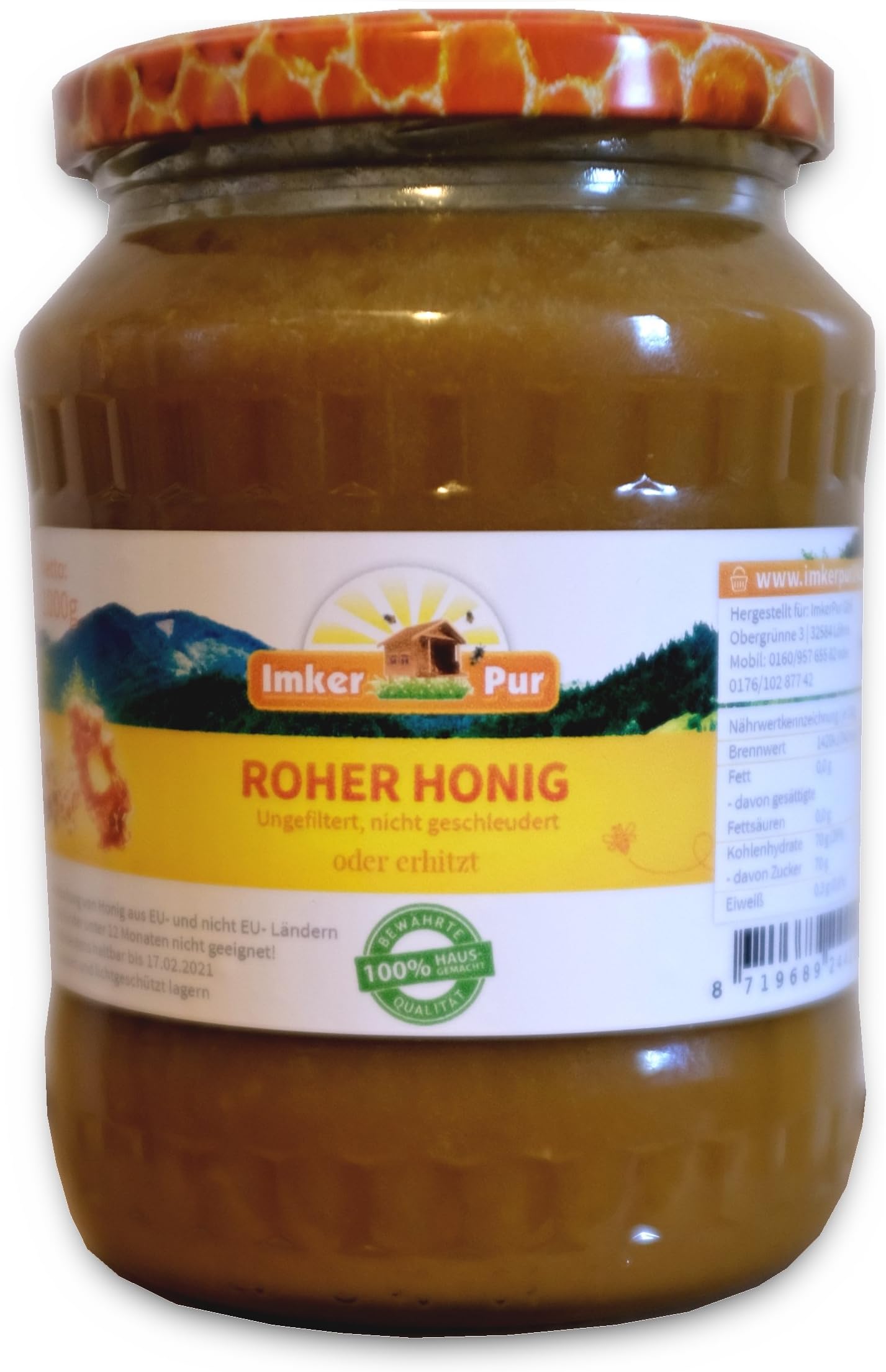Raw Honey from ImkerPur, 250g, Unfiltered, not Spun or Heated, Contains Pollen, Beeswax, Propolis, Beebread and Royal Jelly