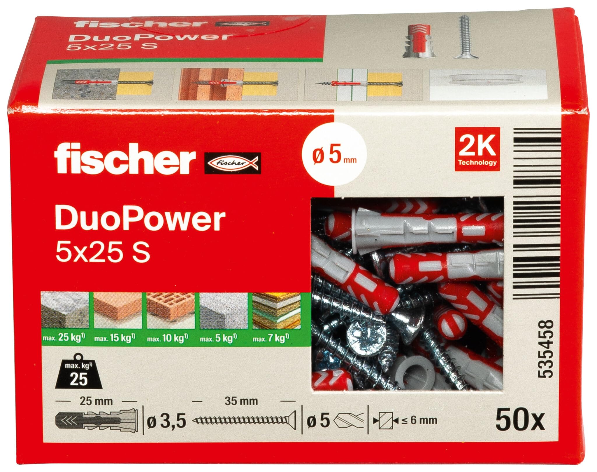 fischer DuoPower 5 x 25 S, Universaldübel mit Sicherheitsschraube, 2-Komponenten-Dübel, Kunststoffdübel zur Befestigung in Beton, Ziegeln, Stein, Gipskarton uvm., 50 Dübel + 50 Schrauben 2