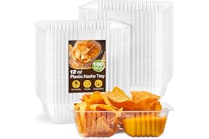 Kucoele 12oz Disposable Nacho Trays, 100 Pack Plastic Snack Trays 2 Compartment Clear Food Containers with Chips and Dip Holder for Movie Nights, Carnival Parties, Concession Stands Supplies