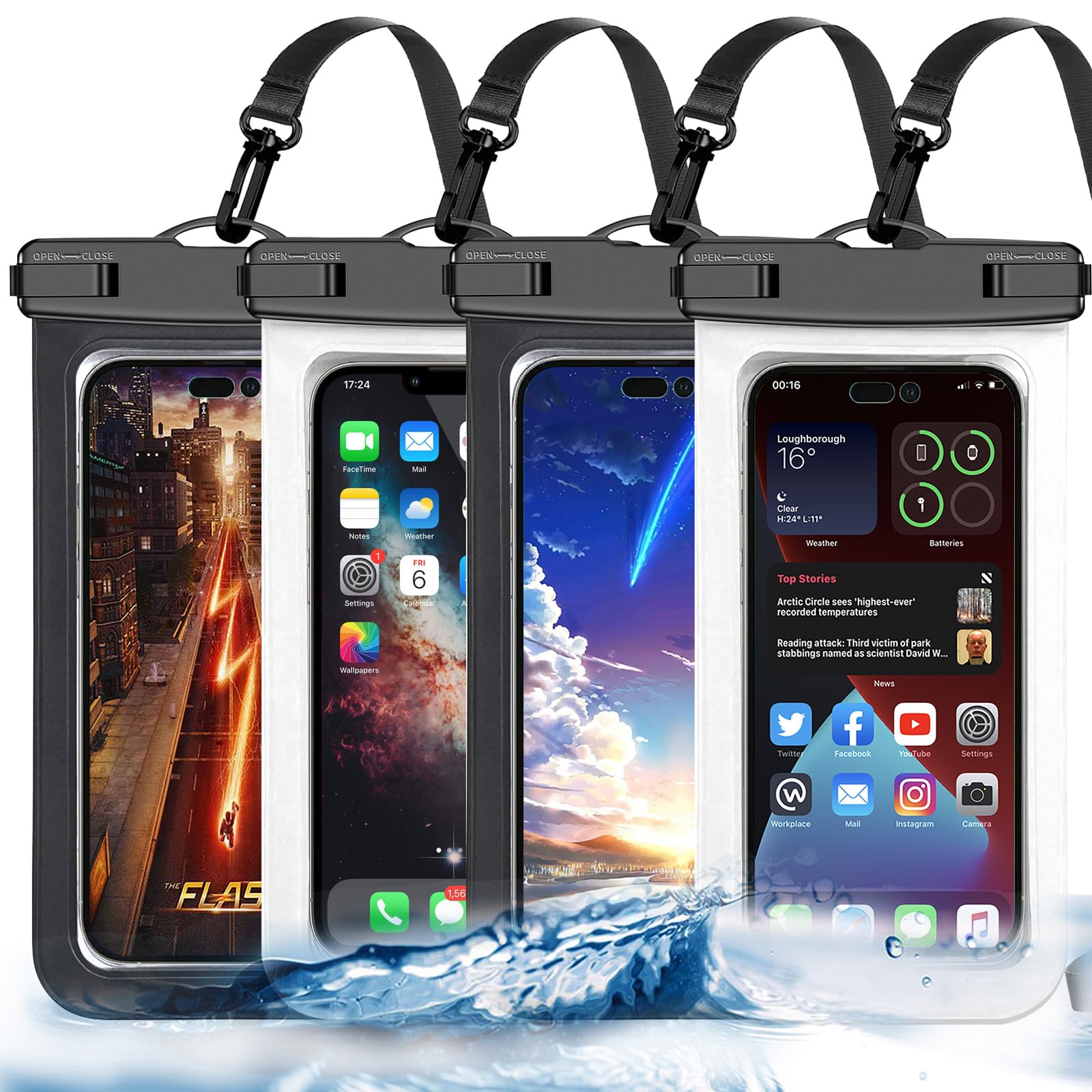 Waterproof Phone Pouch,4 Pack Black White Phone Waterproof Case,Cell Phone Dry Bag,Protection Level: IP68,Beach Cruise for Apple iPhone,Samsung,and More,Lanyard Included,(Fits Up to 8.3”),Black,White