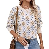 Womens Trendy Floral Sweaters Flower Printed Crewneck Knit Sweater Cute Loose Long Sleeve Fashion Pullover Tops