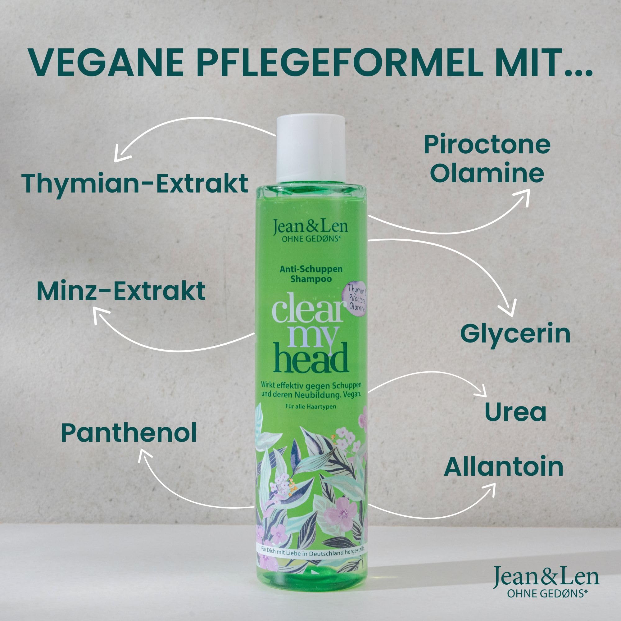 Jean & Len Anti-Schuppen Shampoo Thymian & Minze, vegane Pflegeformel, mit Piroctone Olamine, gegen Schuppen, für die tägliche Haarwäsche geeignet, ohne Parabene & Silikone, vegan, 300 ml 2