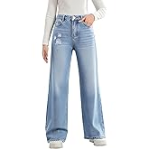 Handfrog Girls Ripped Jeans Wide Leg Denim Pants Cute Cotton Fall Clothes for Kids Streetwear