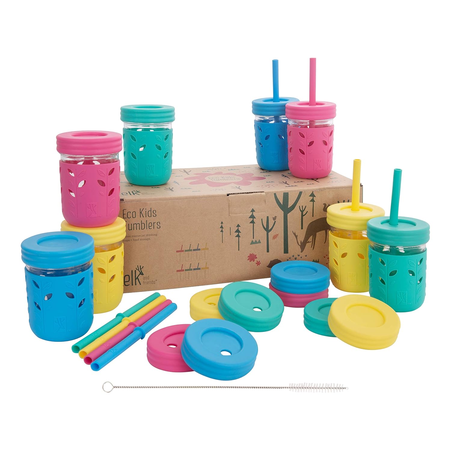 Elk and Friends Kids & Toddler Cups | The Original Glass Mason jars 8 oz with Silicone Sleeves & Silicone Straws with Stoppers | Smoothie Cups | Spill Proof Sippy Cups for Toddlers : Baby