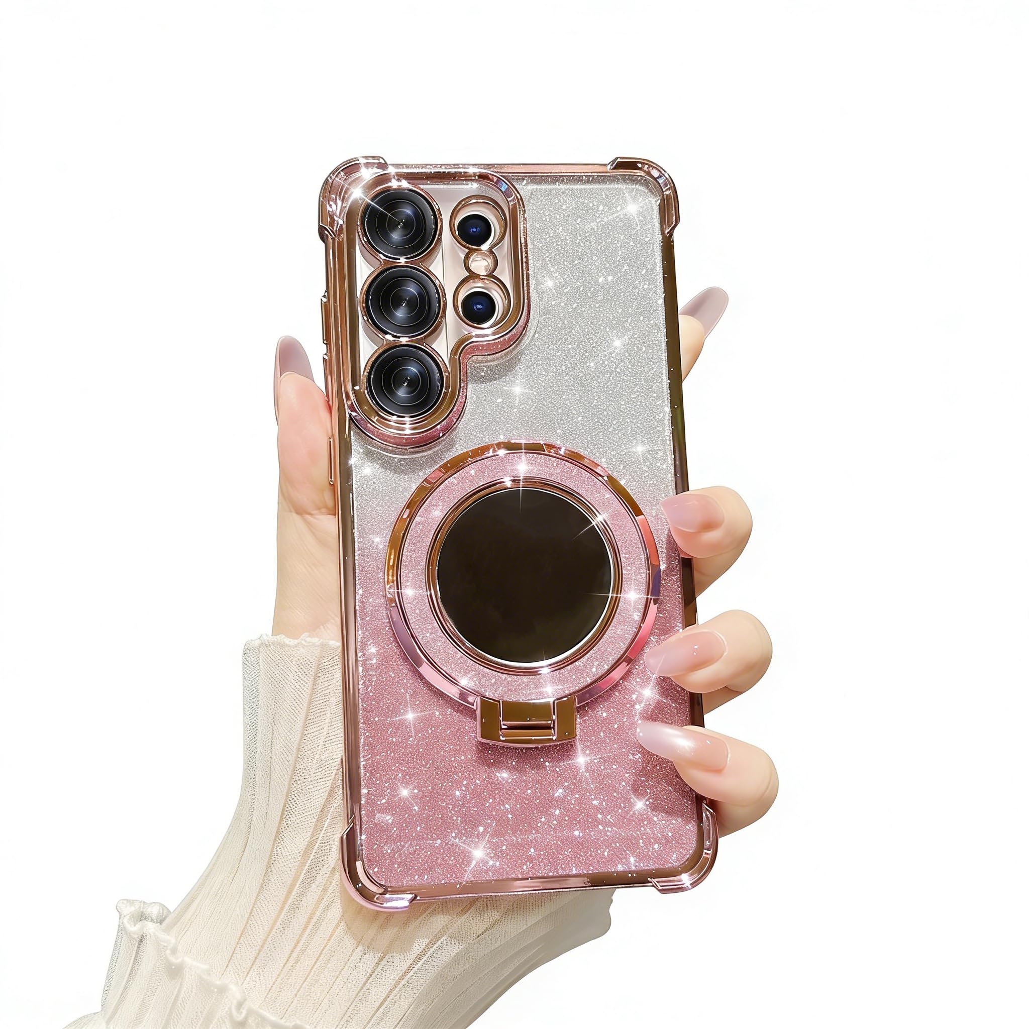 for Samsung S26 Ultra Case Glitter with Kickstand Cute Bling Sparkly Rhinestone Mirror Stand Women Case for Galaxy S26 Ultra - Pink