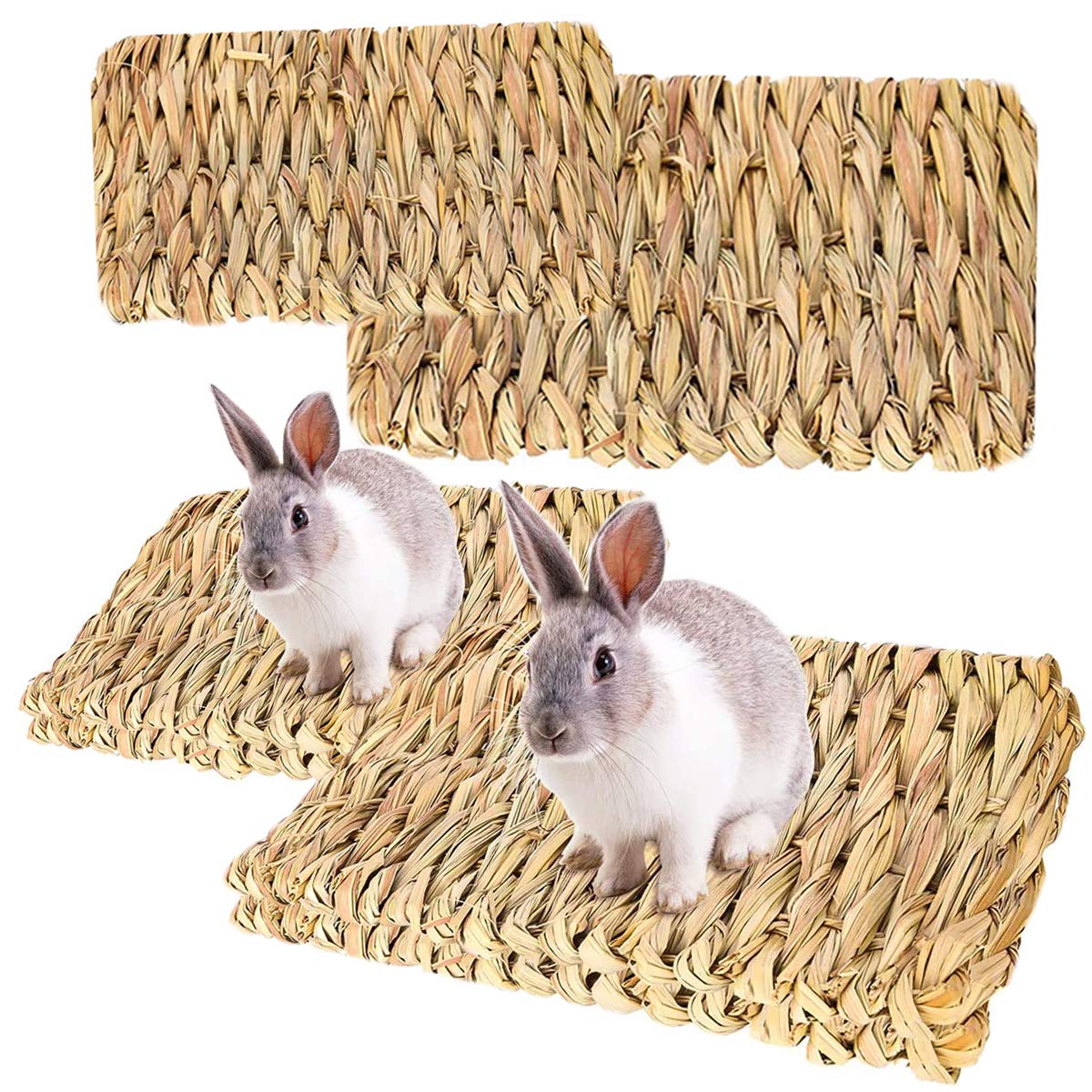 RoadLoo Animal Chew Beds, 4 Pack Natural Woven Grass Mats Hand Woven Safe Edible Bunny Bedding Nest for Guinea Pig Rabbit Hamster Parrot small Animals(2 PCS Small Size & 2 Large Size)