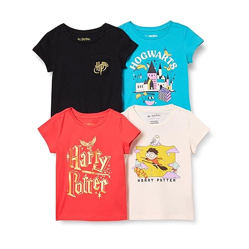 Amazon Essentials Harry Potter Girls' Short-Sleeve T-Shirts, Pack of 4, Harry Potter Hogwarts, X-Small