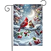 ShineSnow Cardinal Birds on Branch with Berries Moon Snowflakes Beautiful Winer Garden Yard Flag 12"x 18" Double Sided Polyester Welcome House Flag Banners for Patio Lawn Outdoor Home Decor