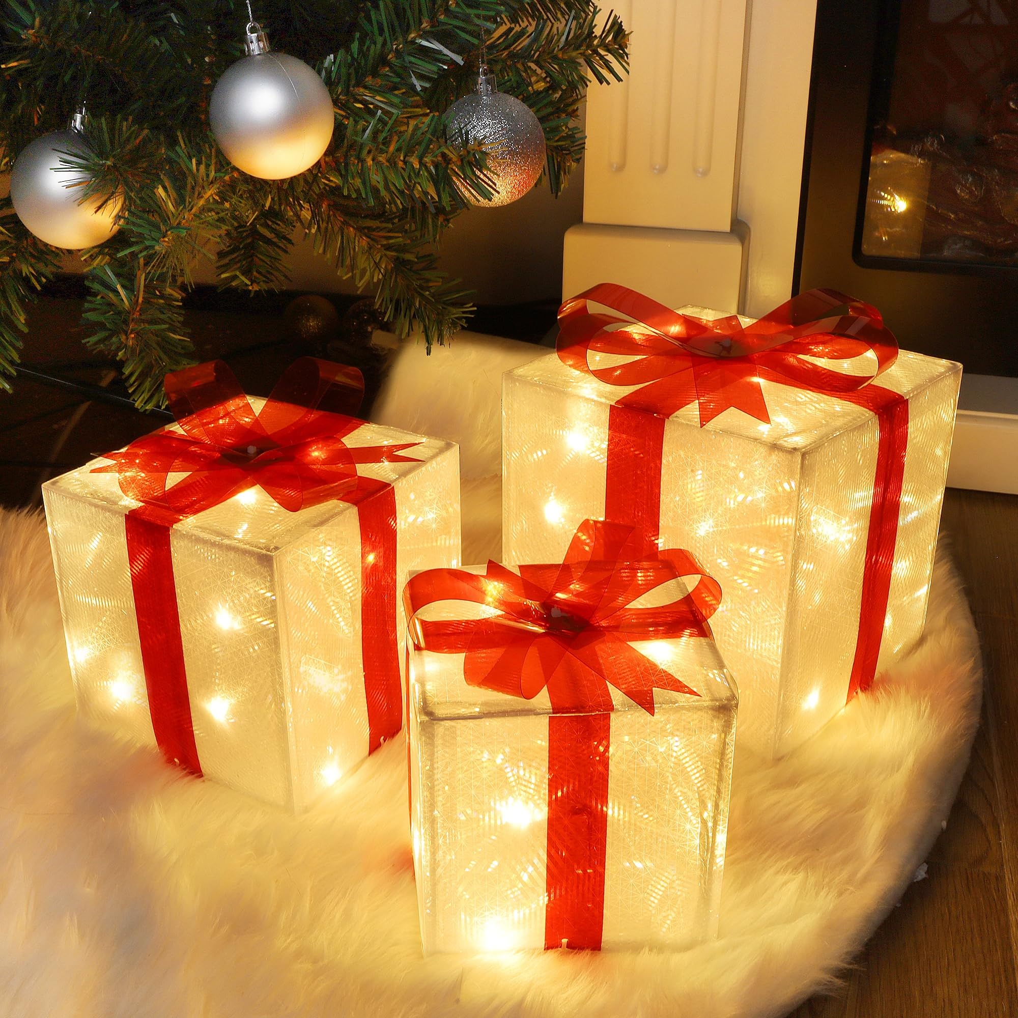 Photo 1 of Juegoal Christmas Lighted PVC Gift Boxes Decorations, Pre-lit Light Up Christmas Tree Skirt Ornament Indoor Holiday Party Christmas Pathway Present Box Home Yard Art, Set of 3