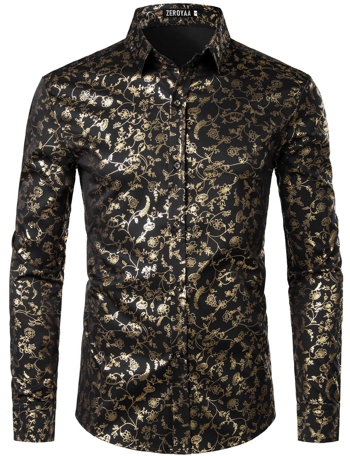 ZEROYAA Men's Hipster Gold Flower Printed Slim Fit Button Up Dress Shirt for Party Prom ZZCL53 Black Large Image