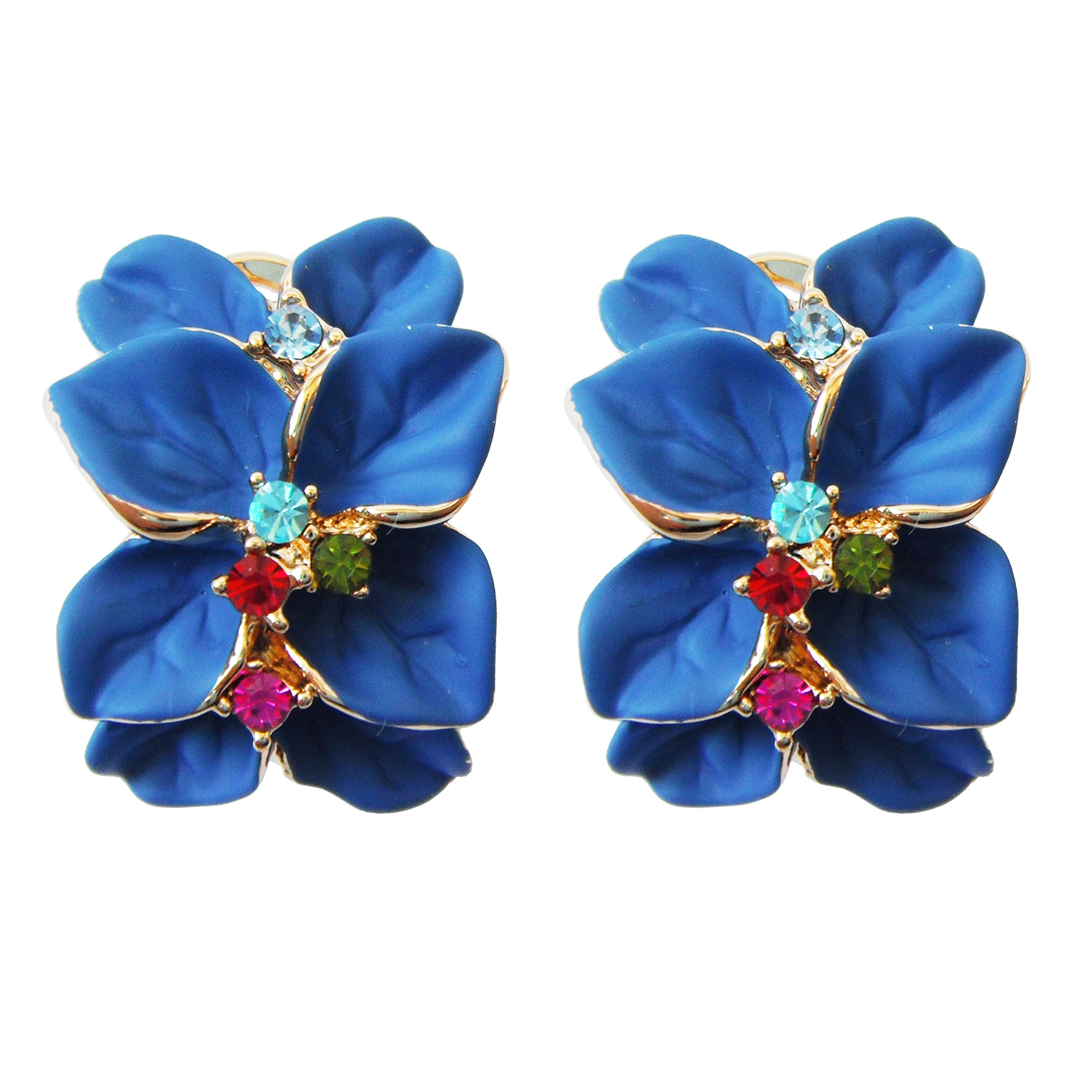 Navachi 18k Gold Plated Colorful Crystal Blue Enamel Leaves Flower Az1507e Omega Earrings