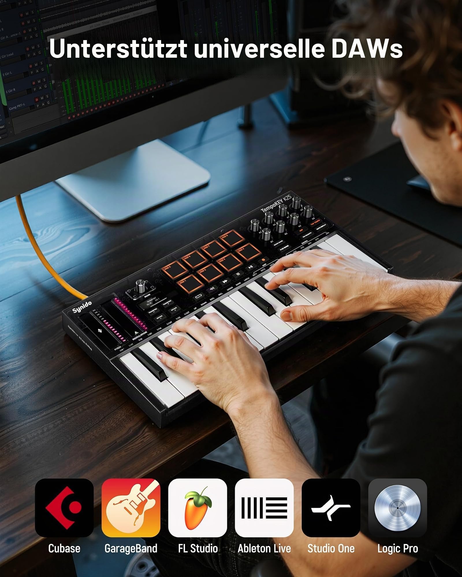 Synido TempoKEY K25 USB C MIDI Keyboard Controller Mit 25 Breiten Tasten, Tiefem Tastenhub Und Anschlagdynamischen Tasten, 8 RGB-Drum-Pads, OLED-Display, Transportsteuerung, Touch Streifen, Arpeggiato 7