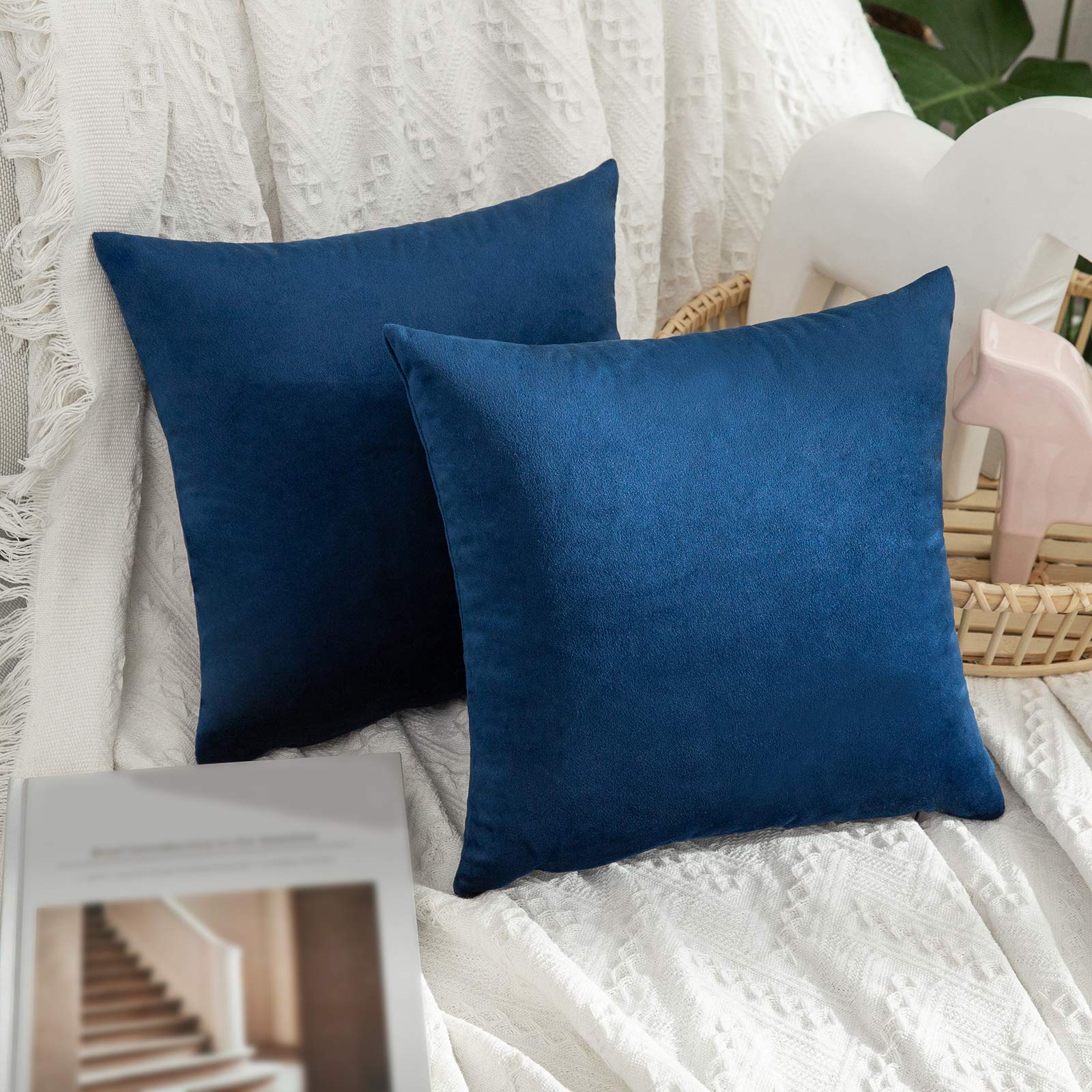 MIULEE Velvet Cushion Covers Throw Pillow Case Soft Modern Decorative Square Luxury Pillowcases for Livingroom Sofa Chair Bedroom with Invisible Zipper Set of 2 35cm x 35cm,14x14 Inches Navy