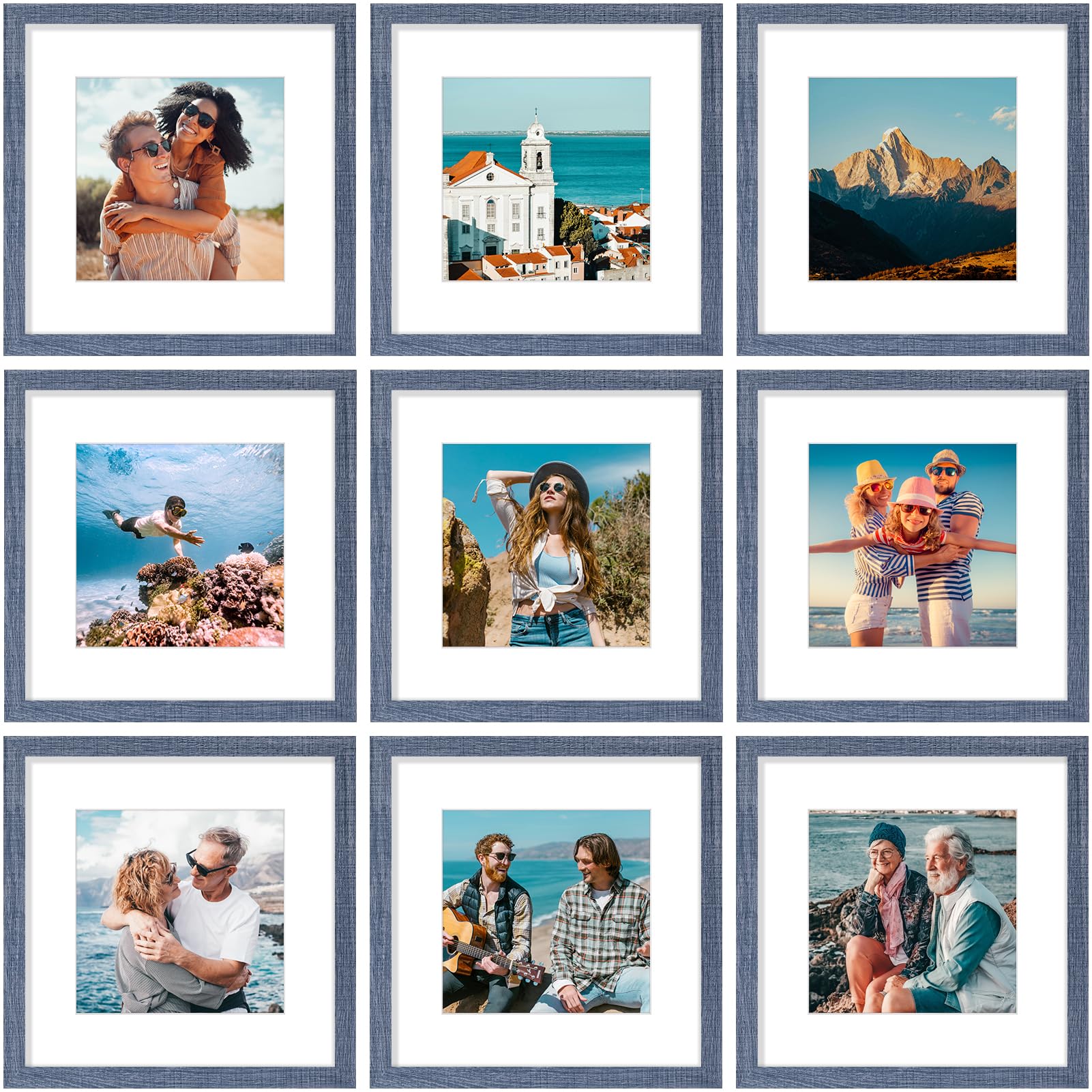 Vittanly 12x12 Picture Frames Set of 9, Shatter Resistant Plexiglass, Display 8x8 Pictures with Mat or 12x12 without Mat, Photo Frames for Wall Mount, Engineered Wood, Navy Image