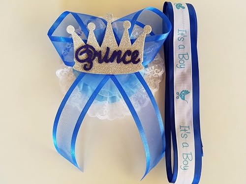 thumbnail image 2 of Handmade Baby Shower Sash Set – It's A Boy Mom To Be Sash With Prince Crown & Blue Ribbon Corsage 2 of 5