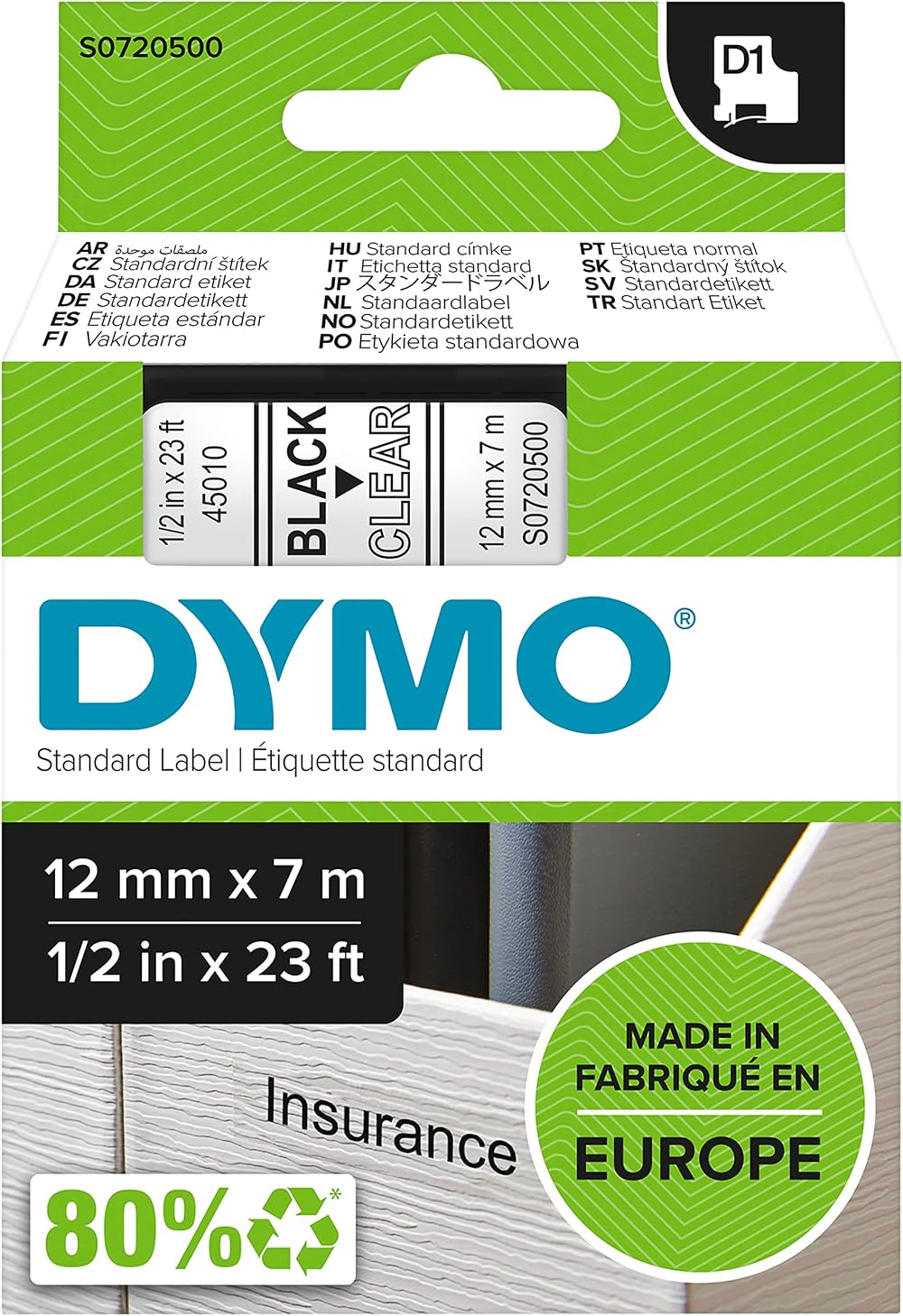 DYMO Authentic D1 Labels 12 mm x 7 m Black on Clear Self-Adhesive Tape