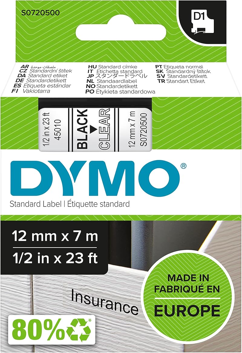 DYMO Authentic D1 Labels 12 mm x 7 m Black on Clear Self-Adhesive Tape