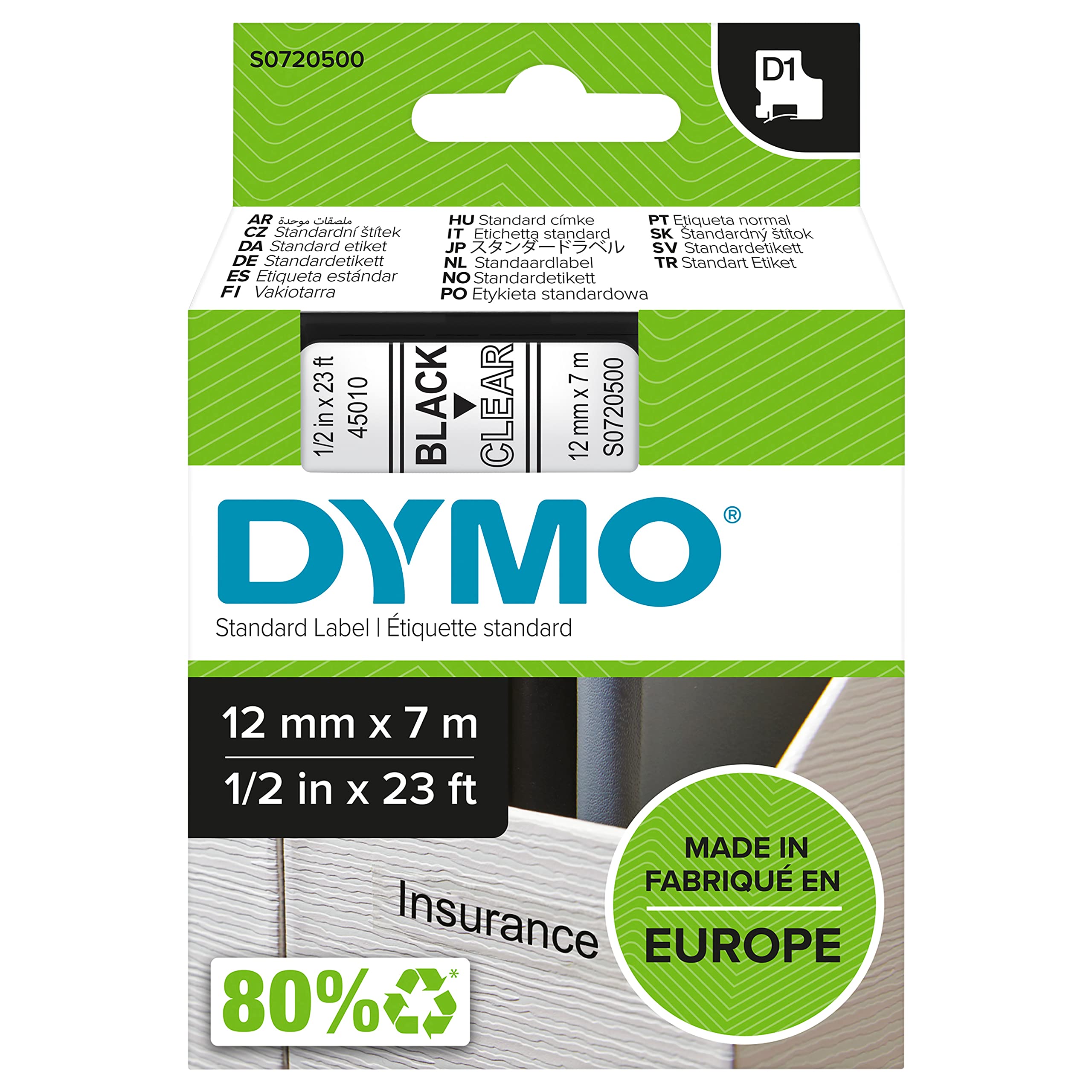 DYMO Authentic D1 Labels | Black Print on Clear Tape | 12 mm x 7 m | Self-Adhesive Labels for LabelManager Label Makers | Made in Europe — image 1