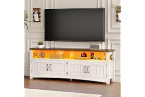 DWVO Farmhouse TV Stand for 65 inch TVs, LED Entertainment Center with Storage, TV Console with Power Outlets, Wooden Bar Coffee TV Table with Shelves for Living Room (Rustic White)
