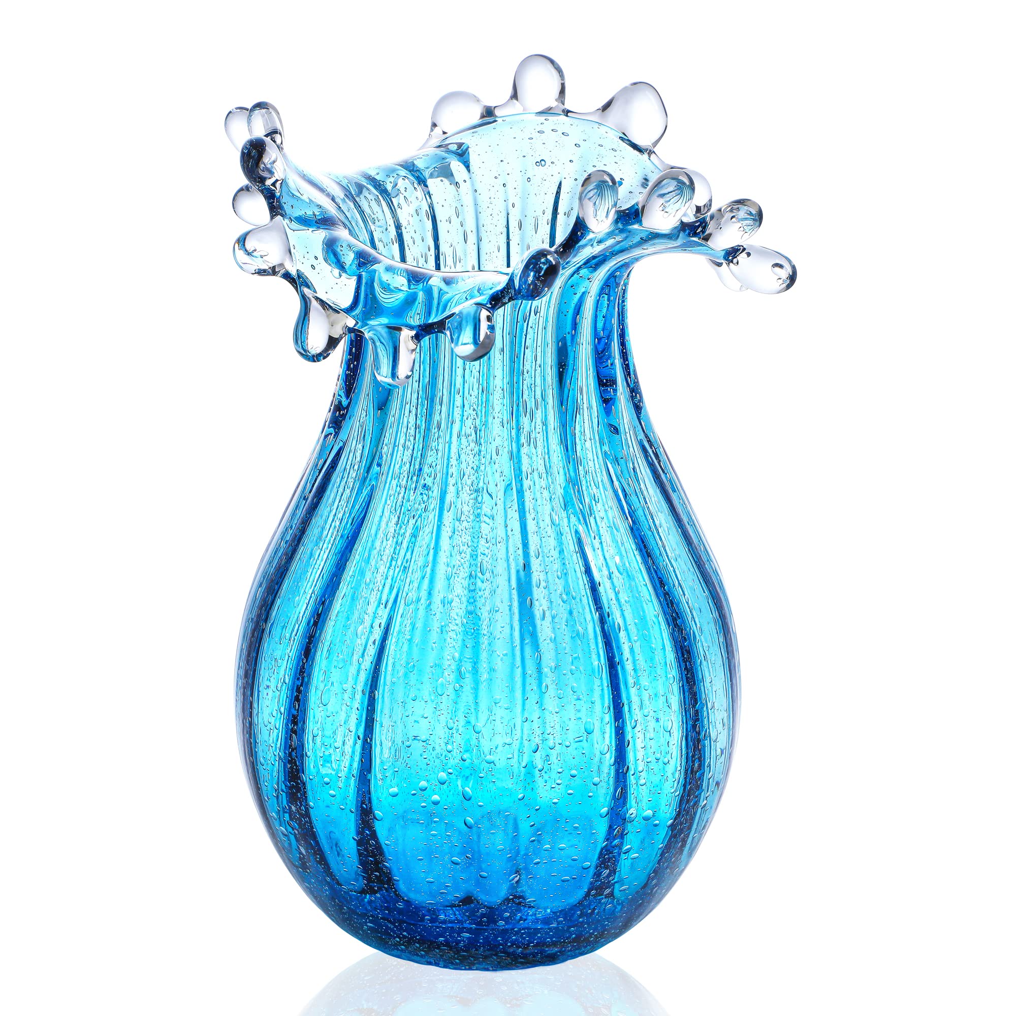 Photo 1 of 8inch Blown Glass Bubble Vase Collection Modern Art Flower Vase Decoration for Home Decor Living Room,Office,Centerpiece,Table and Wedding,Blue