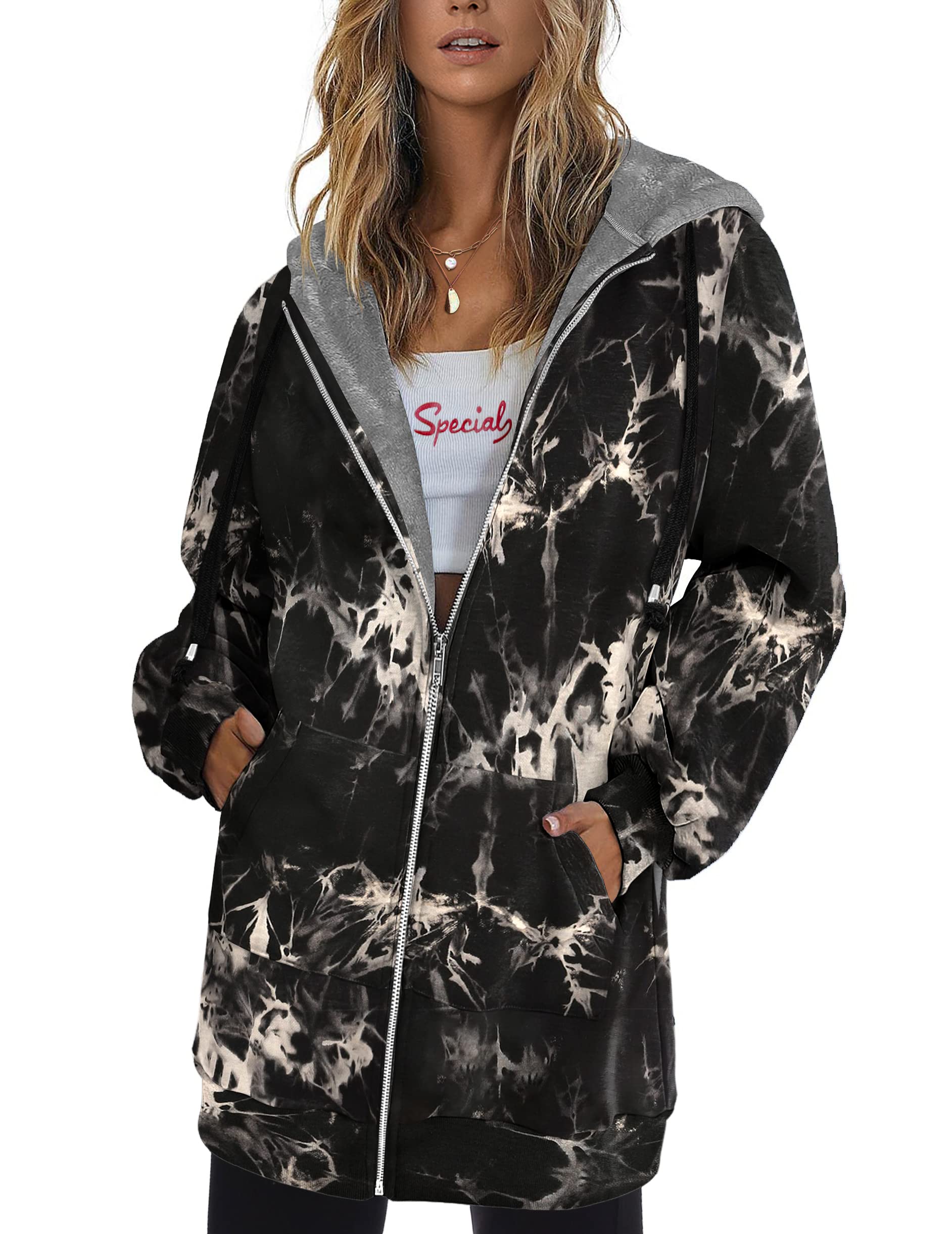 Photo 1 of Zeagoo Women's Zip Up Hoodies Long Fleece Tunic Sweatshirts Casual Oversized Fall Coats Trendy Winter Hoodie 2025,Black tie dye without fleece,Medium