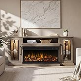 Unineo 75 Inch Electric Fireplace TV Stand, 3- Side Glass LED Modern Media Entertainment Center Console Table for TVs up to 80/85 Inch w/Adjustable Flame, 40’’ Fireplace, Highboy, Gray Wash