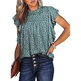 Dokotoo Womens Summer Tops Casual Crewneck Floral Print Shirts Smocked Ruffle Short Sleeve Babydoll Blouses
