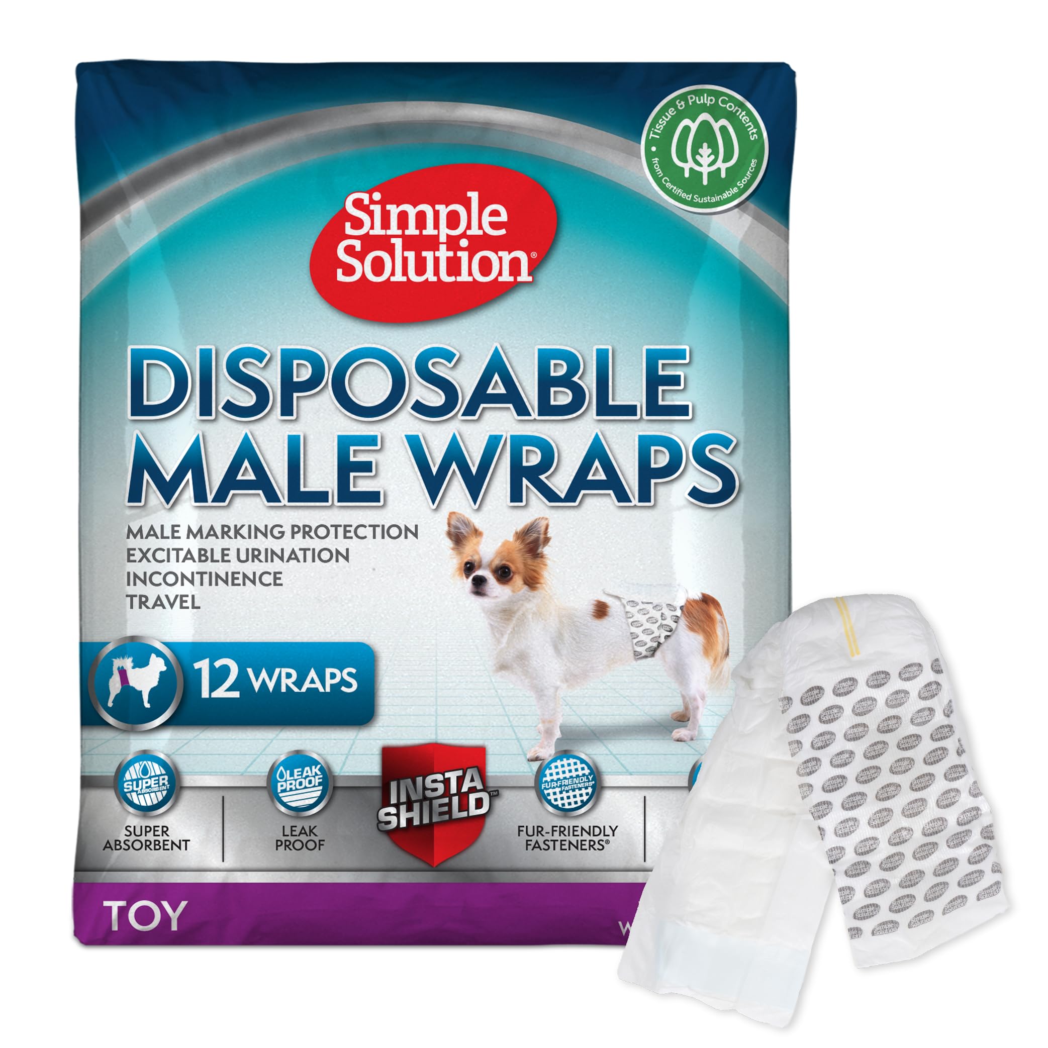 Simple Solution Disposable Dog Diapers for Male Dogs, with Super Absorbent Leak-Proof Fit for Excitable Urination, Incontinence, or Male Marking - 12 Pack