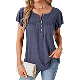 KIFOVEN Women’s Henley Tee Ruffle Short Sleeve V Neck Loose Casual Summer Tunic T Shirt Top Blouse