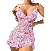 Avidlove Women Sexy Lace Nightgown Mesh Chemise Babydoll Lingerie Dress Ruffle Hem Sleepwear Exotic Boudoir Outfits