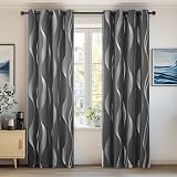 Deconovo Grey Curtains Silver Wave Foil Blackout Thermal Eyelet 2 Panels 46x72